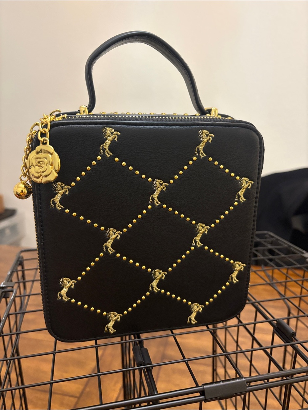 Black and Gold Quilted Accent Top-Handle Bag